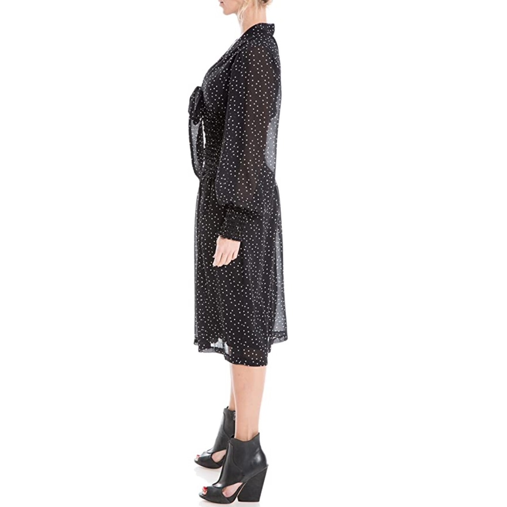 NEW MAX STUDIO Black CHIFFON Smocked Waist POLKA DOT Neck Tie MIDI DRESS XS - Picture 10 of 11
